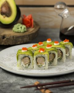 Crispy Avocado & Cucumber Roll 8Pc (Sushi + Wasabi + Ginger + Soya + Chopsticks)